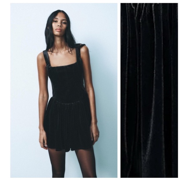 NWT. Zara Black Velvet Corset Short Dress with Square Neckline. Size XS. - Picture 2 of 10